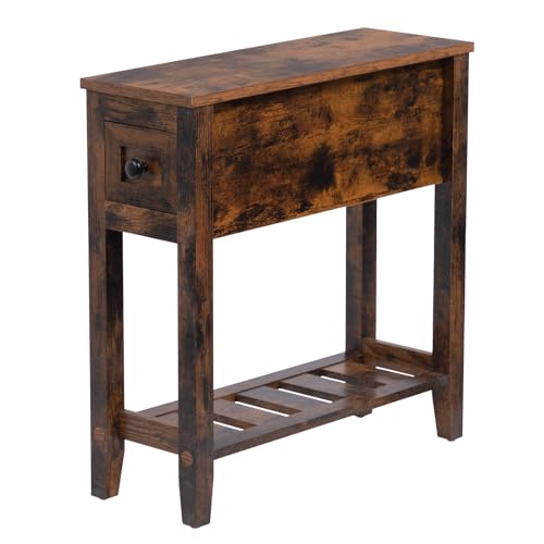 Brown 2 Pack Chairside Narrow End Table with Drawer, Solid Recliner Side Table with Storage Shelf, Slim Nightstand Bedside Table for Bedroom - size: 2 set brown