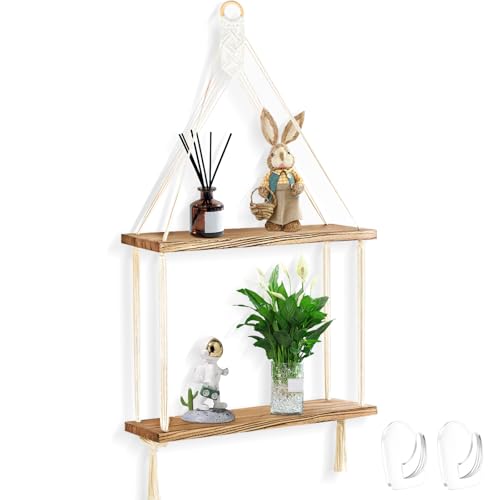 Macrame Wall Hanging Shelf, Handmade Cotton Rope Rustic Wood Shelve | Hand-Woven Cotton Rope & Natural Wood Hold 20 lbs. 2 Acrylic Hooks Included. Boho Charm for Displaying Plants & Collectibles