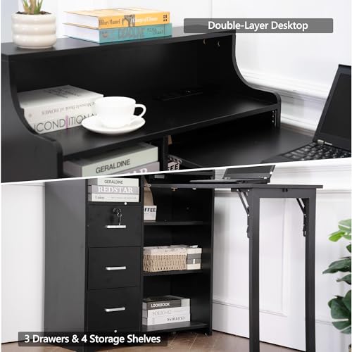 Folding Desk with Storage,Hidden Desk with Lockable Drawers & Shelves, Built-in Power Outlet,Fold Out Desk for Study and Home Office - color: Black
