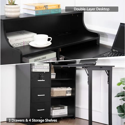 Folding Desk with Storage,Hidden Desk with Lockable Drawers & Shelves, Built-in Power Outlet,Fold Out Desk for Study and Home Office - color: Black