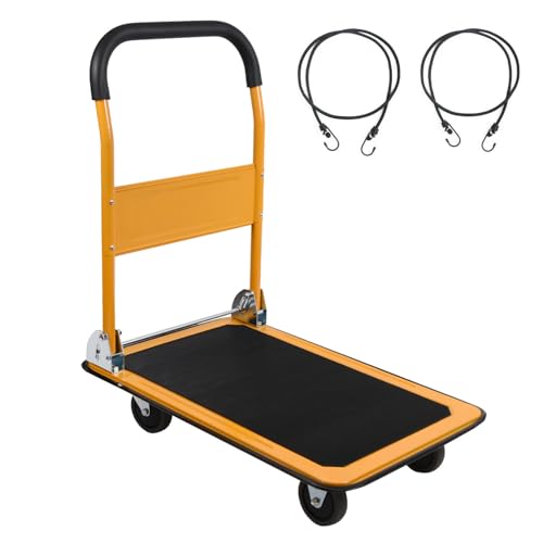 LEADALLWAY Foldable Push Cart Platform Truck 330lbs Capacity with 2 Ropes | 4 Wheels, 28.7"x18.5"x32.3", Small Flatbed Cart, Yellow, Protable - color: Yellow