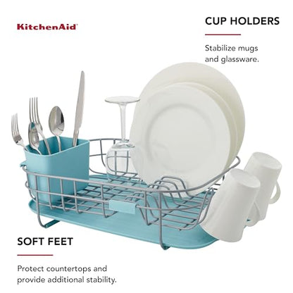 KitchenAid Low Profile Compact Dishrack with Removable Flatware Caddy and Angled Self-Draining Board, Rust Resistant Wires, 12.59 x 17.55 x 6.29 Inch, Mineral Water - color: Mineral Water, size: Low Profile