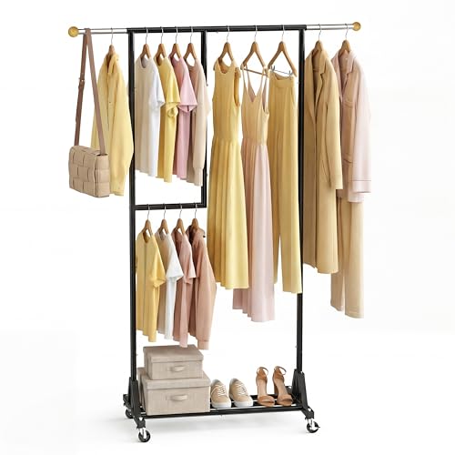 Rolling Clothing Rack with Bottom Storage Shelf & lockable Casters, Multi-tier Retractable Sturdy Garment Rack for Hanging Coats, Dresses - Ideal for Bedroom, Closet & Laundry Room ( Taller version ) - color: Multi-tier (67.3 H")