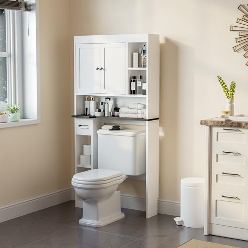 Over The Toilet Storage Cabinet with 7 Shelves, Imitation Walnut Grain Above Toilet Bathroom Organizer with Toilet Paper Holder Stand, Space Saver for Restroom, Laundry, Bathroom (White) - color: White