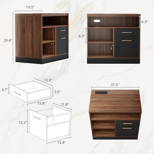 2 Drawer Lateral File Cabinet with Lock for Home Office | Filing Cabinet for A4 / Letter Documents, 31.5"W * 19.5"D * 29.5"H, Credenza w/ Built-in Power Outlet, Printer Stand - color: Black Walnut