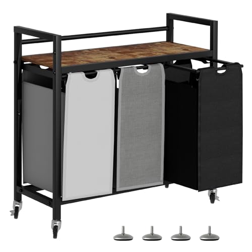SwaaVee Laundry Sorter, Laundry Hamper 3 Section, 3×11.4Gal, Metal Frame Rolling Laundry Basket with Wooden Top Shelf, Pull out and Removable Laundry Bags, 3 Bags-Black Grey White - color: Black-Grey