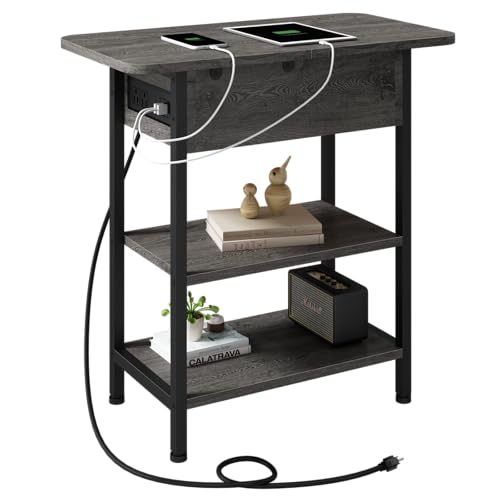 End Table with Charging Station Flip Top Side Table with Storage, Dark Grey | Equipped with USB Ports and Outlets, Nightstand for Small Spaces, Bedside Tables for Living Room, Bedroom - color: Dark Grey, size: Pack of 1