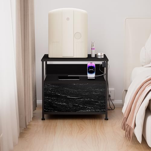 Unionly Mini Fridge Stand with drawer Storage,shelf & Power Outlet | 180lb Mini Fridge Table with Charging Station,Heavy duty small refrigerator shelf,Black end table for Living Room,Kitchen - color: Black