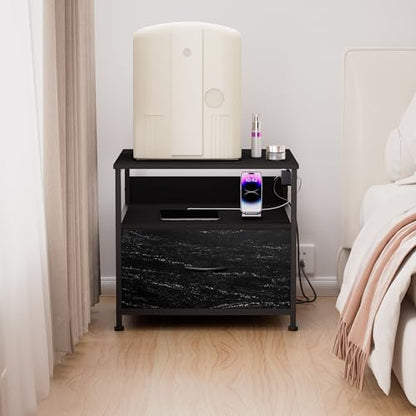 Unionly Mini Fridge Stand with drawer Storage,shelf & Power Outlet | 180lb Mini Fridge Table with Charging Station,Heavy duty small refrigerator shelf,Black end table for Living Room,Kitchen - color: Black