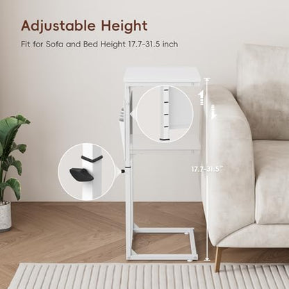 Vagusicc C Shaped End Table, 33" Tall Side Table for Couch, Adjustable Height Small Couch Side Table for Small Spaces, C Table End Table Slide Under Sofa Table TV Tray for Living Room Bedroom, White - color: White