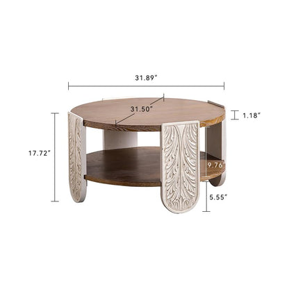 31.89'' Round Wood Coffee Table 2-Tier Circle Craft Rustic Coffee Table for Living Room, Modern Retro Farmhouse Carved Style, Easy Assembly, Natural Wood - color: Ø31.89''-natural Wood