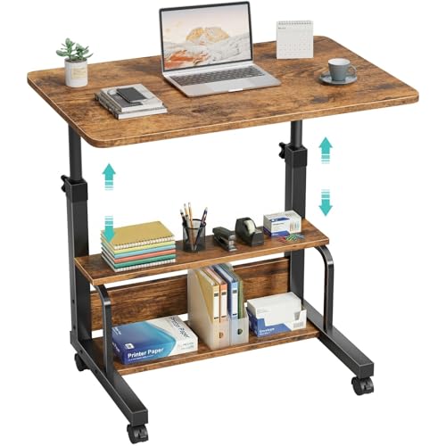 WINAZ C Shaped Rolling Laptop Desk - 32" Rustic Brown Mobile Portable Small Desk with Wheels for Small Spaces, Height Adjustable Overbed Table with 2-Tier Storage Shelves - color: Rustic Brown, size: 31.5"
