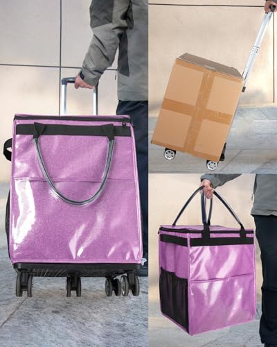 Reusable Grocery Bags on Wheels, Rolling Tote Bag, Starry Purple | for Groceries, Shopping, with Drawstring Bag 54L, Foldable, Laundry - color: Starry Purple