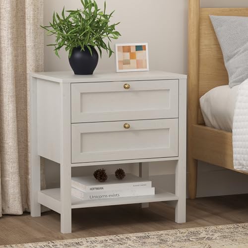 Tall Modern Nightstand with Drawer, Farmhouse Floor Night Stand with Open Shelf, Large Mid Century Wooden End Table for Bedroom, Antique White - color: Antique White, size: 1 PC (2 Drawers)