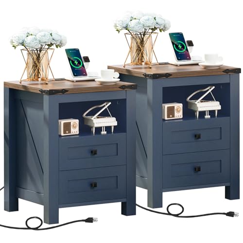 Joaxswe Nightstands Set of 2 with Charging Station, Farmhouse Night Stand with 2 Drawers and Shelf Storage, Wooden Side End Table, Bedside Cabinet for Bedroom, Living Room, Closet,Office (Blue) | with Charging Station - color: Blue, size: 2 pack