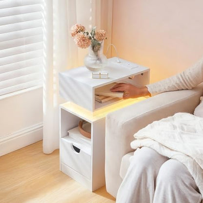 HOOBRO Narrow End Table, Floating Nightstand with LED Light Strip, with Drawer, Slim Bedside Table with Charging Station for Living Room, Bedroom, White WT204UDBZ01