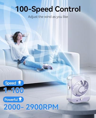 KIMMOO USB Desk Fan, Quiet Table Fan with Turbo Airflow, 100 Speeds, Digital Display, 90° Rotating, Small Rechargeable Battery Desktop Fans for Bedroom Home Office Travel, Lavender - color: Lavender