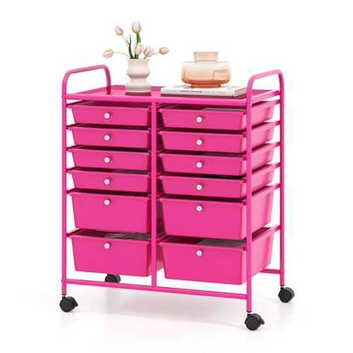 DREAMADE Rolling Cart with Storage Drawers, Utility Cart with Removable Plastic Drawers, Lockable Wheels, Art Cart for Classroom Organization Art Supplies Office Scrapbook (12 Drawers, Hot Pink) - color: Hot Pink, style: 12 Drawers
