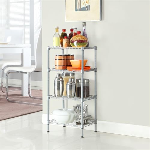 4-Tier Steel Storage Shelving Unit, Chrome | Adjustable, Small Shelf Rack, Leveling Feet, for Kitchen Pantry Garage - color: Chrome, 4 Tier-13.77"