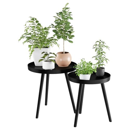 Lavish Home Nesting Side Tables, Black, Set of 2, 21.5”/16” | Round End Tables with Tray Tops for Living Room, Bedroom, or Home Office, Mid-Century Modern Living Room Furniture