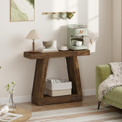HOMCOM 41.7" Narrow Entryway Table with Thickened Tabletop, Rustic Brown | 2-Tier Farmhouse Console Table, Storage Shelf, Trapezoidal Base, Behind Couch Sofa, Living Room, Hallway, Entrance - size: 41.7" W