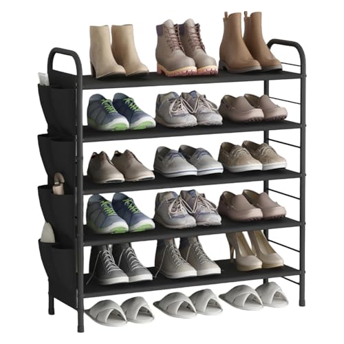 SUOERNUO Shoe Rack Storage Organizer 5 Tier Free Standing Metal Shoe Shelf Compact Shoe Organizer with Side Bag for Entryway Closet Bedroom,Black - color: Black, size: 5 Tier