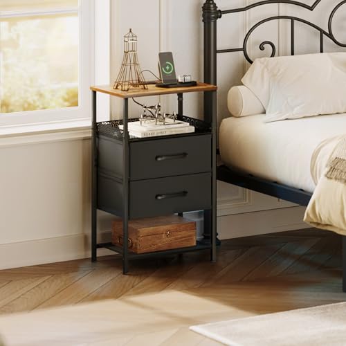 JARHETUN Nightstand Set of 2, Night Stands with Charging Station, 26.4 Inch Tall Bedside Table with Metal Shelf, Side Table with 2 Fabirc Drawers for Bedroom, Rustic Brown - color: Rustic Brown, style: Power