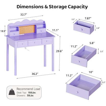 FUNKOCO Home Office Furniture Writing Desk, 36 Inch Computer Work Station with Detachable Hutch for Small Place, 5 Drawers(Purple) - color: 6-purple