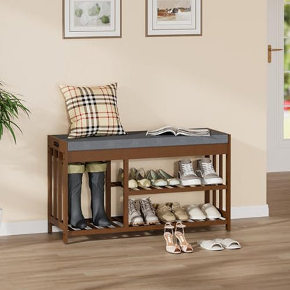 Shoe Rack Bench with Cushion,2 Tiers Shoe Bench with Flip-Top Storage,Wood Shoe Rack for Entryway, Hallway, Bedroom, Front Door Entrance (Brown) - color: Brown