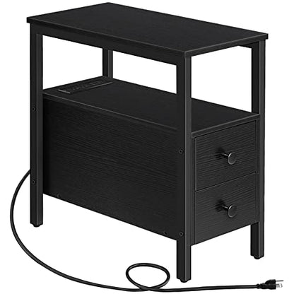 HOOBRO End Table with Charging Station, Narrow Side Table with 2 Drawer & USB Port & Power Outlets, Nightstand for Small Spaces, Stable and Sturdy, for Living Room, Bedroom, Black BK541BZ01 - color: Black