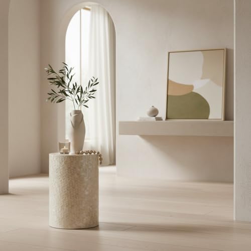 PEMAR Capiz Shell Cylinder Drum End Table Nacre Side Table Stool Round Drum Accent Coffee Bedside Nightstand and Vanity Stool, 13" Diameter x 19.3" High, White Cream - color: White Cream