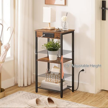 HOOBRO Tall End Tables with Charging Station, Set of 2, 30 Inch Tall Nightstands, 3-Tier Side Tables with Adjustable Storage Shelves, for Living Room, Bedroom, Hallway, Rustic Brown BF09UDHP201G1 - color: Rustic Brown + Black