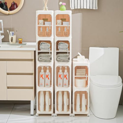 4-Tier Slim Bathroom Storage Cabinet, Tall Narrow Storage Cabinet with Movable Wheels, Adjustable Shelves, Skinny Bathroom Storage Organizer for Small Space, Bathroom, Kitchen, Laundry, Cream White - size: 4-Tiers