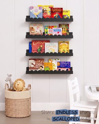Harwaya Black Floating Nursery Wall Book Shelves Set of 4, Scalloped Shelves for Nursery, Cloud Hanging Bookshelf for Kids Bedroom Baby Child Toddler Room Kitchen Bathroom (Pine Wood) - color: Black