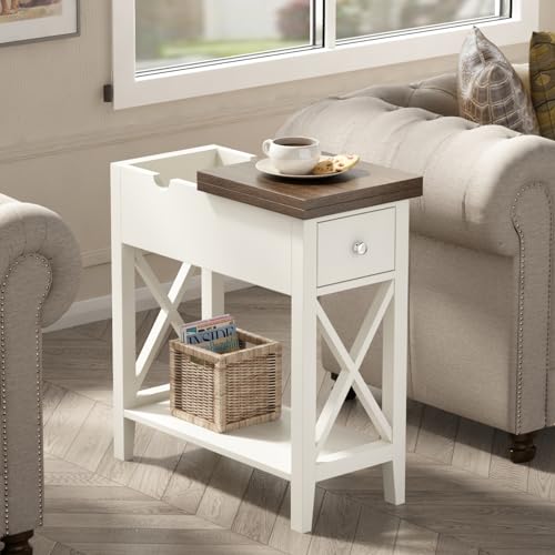 ChooChoo Farmhouse End Table with Drawer | Narrow Side Table with Flip Top, Accent Small Side Table Nightstand for Living Room, Bedroom, and Small Spaces, Soft White - color: Soft White, size: 1 Pack, style: Without Power