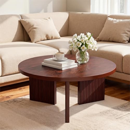 35" Wooden Round Coffee Table, Burgundy | Smooth Thick Coffee Table, Low Circle Center Table with X Shaped Stable Legs, Accent Tea Table for Living Room, Office - color: Burgundy, style: Coffee Table