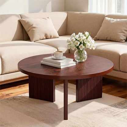 35" Wooden Round Coffee Table, Burgundy | Smooth Thick Coffee Table, Low Circle Center Table with X Shaped Stable Legs, Accent Tea Table for Living Room, Office - color: Burgundy, style: Coffee Table