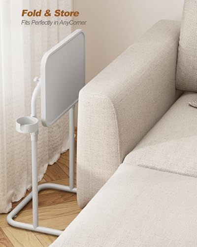 TUTOTAK C Shaped End Table with Tiltable Surface, Adjustable Height Side Table, Slide Under Couch Table TV Tray for Eating, Sofa Tray for Livingroom, Bedroom White TB01BW091 - color: White