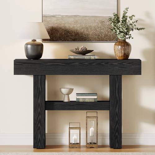 Tribesigns 41.34-Inch Farmhouse Console Table, 2-Tier Narrow Sofa Table Behind The Couch, Entryway Furniture with Storage Shelves for Hallway Foyer Living Room, Black - color: Black