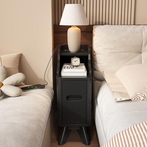 7.87"Narrow Side Table, Wood Small 2 Drawer Nightstand with Charger Station | Thin Couch Side End Table, Skinny Bedside Table Small Spaces, Mid Century Modern Night Stand with Drawers, Black - color: Black, size: Narrow (2 drawer)