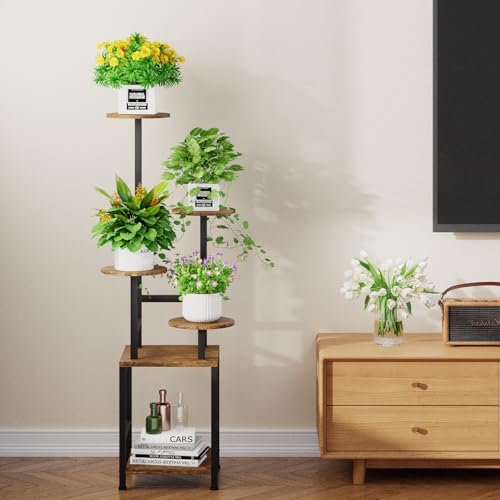 Homsorout Round Plant Stand Indoor with Grow Light, 5-Tiered Tall Plant Stand Indoor, Metal Plant Shelf with Adjustable Light, Ideal for Living Room, Garden, Patio (Black Brown)