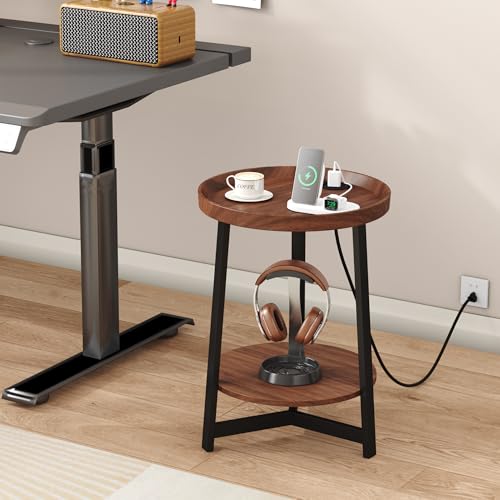 Round Industrial Side Table with Charging Station,2-Tier Round End Table with USB Port & Power Outlet, Nightstand with Metal Frame for Small Spaces, Living Room, Bedroom, Cherry - color: Cherry, style: With Charging Station