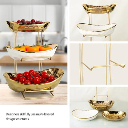 YYW 3 Tier Fruit Bowl for Kitchen Counter, White Gold Ceramic Fruit Stand for Countertop, Home Fruit Rack with Holder, Vegetable Bowl Snacks Nuts Bread Candy Storage (Gold) - color: Gold