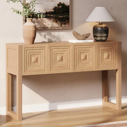 LKTART 55" Carved Console Table with 3 Soft-Close Drawers, Entryway Sofa Table with Fluted Leg,Solid Wood Accent Table for Living Room Hallway,Light Brown - color: Light Brown