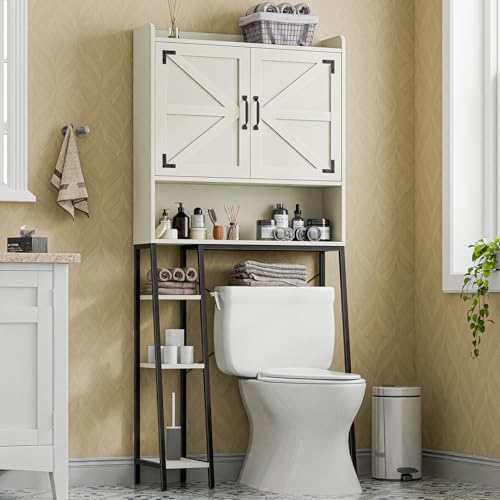 Vabches Over The Toilet Storage Cabinet, Farmhouse Storage Cabinet Over Toilet with 2 Barn Door & Toilet Paper Holder Stand，Home Space-Saving Toilet Rack, for Bathroom, Restroom, Laundry - color: White, style: 2 Barn Doors