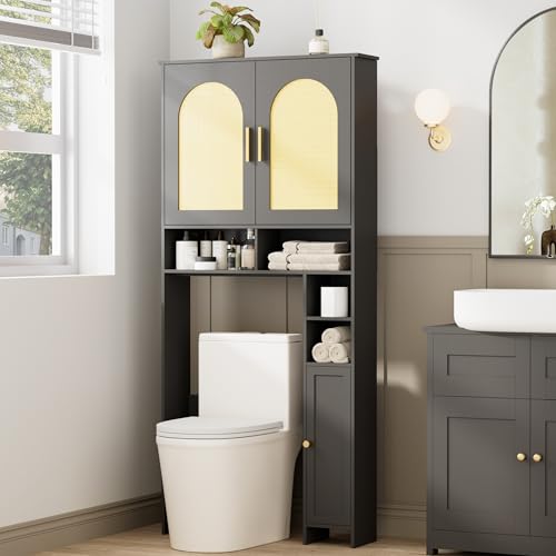 Homhedy Wooden Over The Toilet Storage Cabinet, Natural and Black | Bathroom Organizer with Rattan Decorated Doors, Adjustable Shelves, Toilet Paper Holder, for Small Spaces - color: Natural and Black