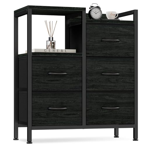Black Dresser for Bedroom, 5 Drawer Small Fabric Closet Dresser | Small Chest of Drawers, Storage Cabinet Organizer with 2 Tier Shelf, Drawer Units with Metal Frame, Dresser for Dorm, Hallway - color: Black Oak