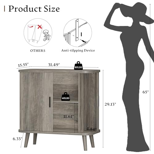 Sideboard Buffet Cabinet with Sliding Door, 31.5" Wide Fluted Modern Accent Storage Cabinet with Adjustable Shelves, Wood Coffee Bar Buffet Console Table for Kitchen, Dining Room, Living Room, Grey - color: Grey