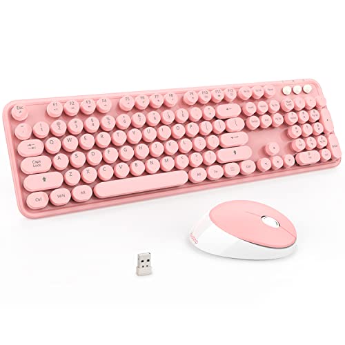 Kootop Wireless Keyboard, Cute Colorful 104 Keys Typewriter Retro Round Keycaps Keyboard for PC Laptop,Desktop,Windows, Home and Office Keyboards (Pink) - color: S300 pink