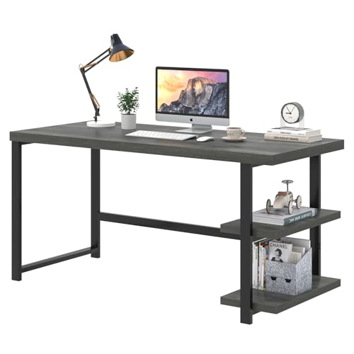 EXCEFUR Industrial Computer Desk, Home Office Desk with Storage Shelves, Wood Study Writing Table for Bedroom, Living Room, Grey, 53 Inch - color: Grey
